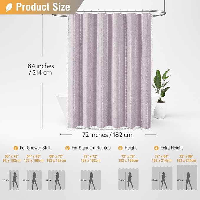 BTTN Extra Long Shower Curtain - 72x84 Long Boho Chic Striped Tassel Linen Fabric Shower Curtain Set with Hook, Tall Modern Farmhouse Cute Heavy Duty Cloth Shower Curtains for Bathroom - Lavender