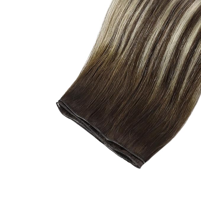 Fshine Genius Weft Human Hair Extensions Balayage Dark Brown to Blonde Sew in Hair Extensions Real Human Hair Balayage Remy Hair Clip in Extensions Brown Balayage 18inch 50g