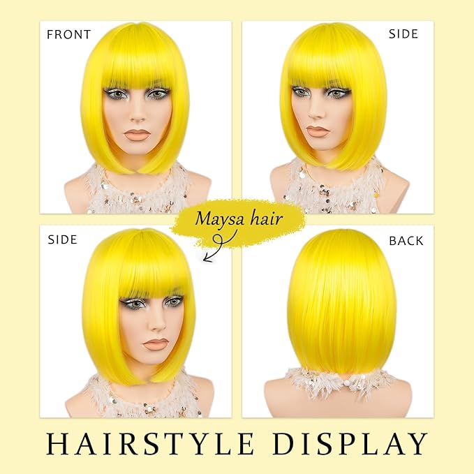 MAYSA Yellow Bob Wig with Bangs for Women Short Straight Neon Bob Wig 12in Synthetic Cosplay Daily Party Colorful Wigs # Yellow