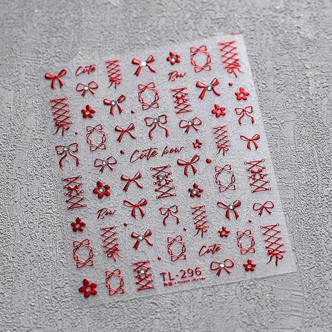 5D Embossed Red Bows Nail Stickers, Nail Art Sticker with Crystal Rhinestones Self-Adhesive Nail Decals for Women Nail Supplies Art Design Stickers (1, Red)