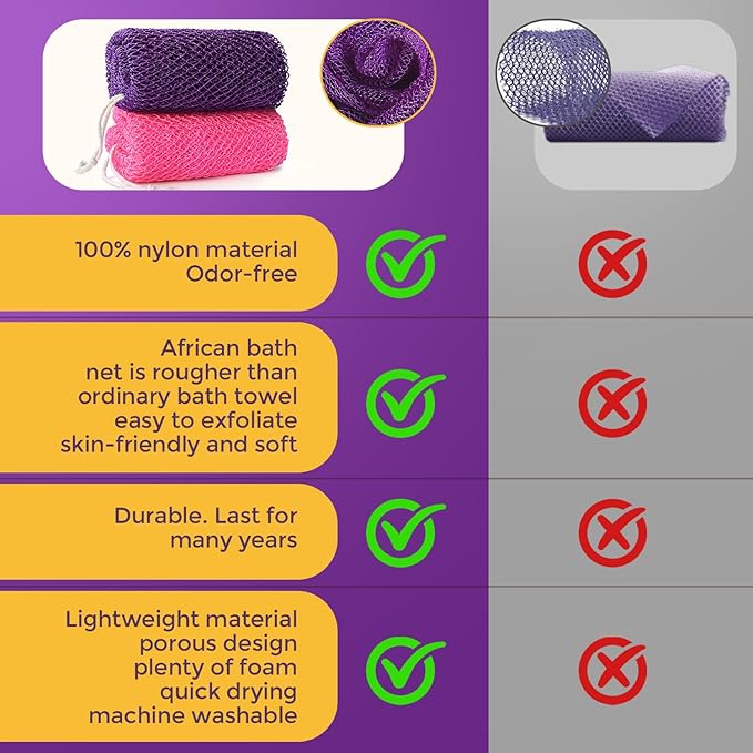 2 Pieces African Net Sponge Authentic, Durable Back Scrubber Washcloth for Shower, Exfoliating Net Sponge for All Skin, Bathing Accessories for Women (2 Pack (Pink and Purple))