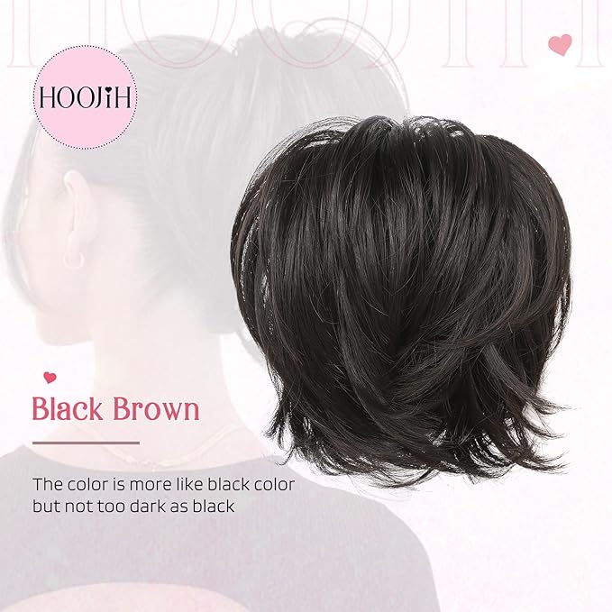 HOOJIH Messy Bun Hair Piece, Claw Clip in Straight Hair Bun 9 Inch Short Ponytail Extension with Bendable Metal Wire Hair Pieces for Women Fake Hair Bun DIY Styles - Black Brown