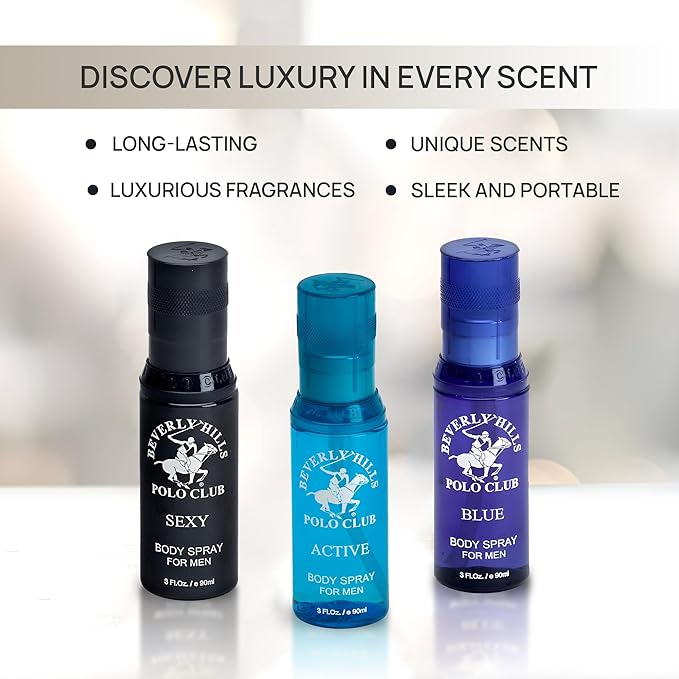 Beverly Hills Polo Club Men's Signature Body Spray Collection | 3-Piece Set: Blue, Active, Sexy | Versatile Fragrances for Every Occasion | Travel-Friendly 3 fl oz Each | Premium Grooming Gift for Him
