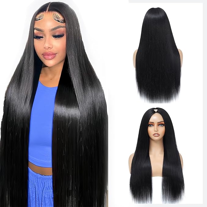 V Part Wig Human Hair Straight Human Hair Wigs Upgrade U Part Human Hair Wig for Women No Leave Out No Sew In 200% Density Natural Color 20 Inch