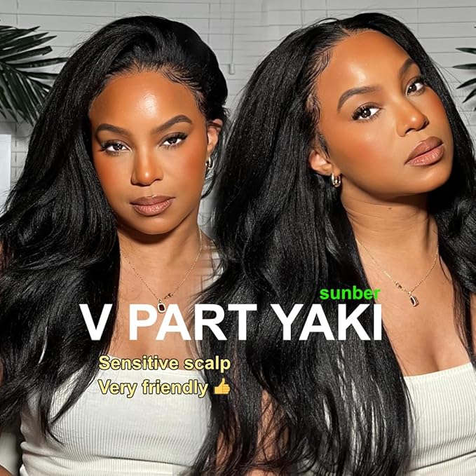 Sunber Yaki Straight V Part Human Hair Glueless Wig Upgrade U Part Wig No Leave Out Vpart light yaki straight Machine Made Clip In Half Wigs No Leave Out Real Scalp V Shape 150% Density 24Inch