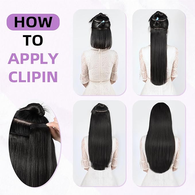 Clip in Hair Extensions Real Human Hair,100% Seamless Remy Human Hair Straight, 8pcs Per Set with Double Weft,1B Natural Black,24inch 120g/4.2oz