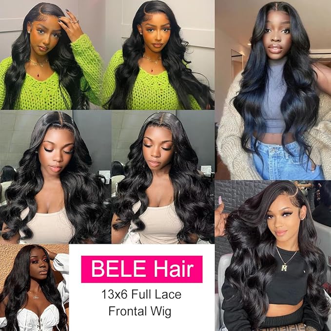 BELE 13x6 Full Lace Front Wigs Human Hair HD Transparent Body Wave Lace Front Wigs Human Hair Upgraded 14A Pre Plucked Bleached Tiny Knots Full Lace Frontal Wig 180 Density Natural Black 34 Inch