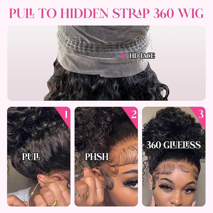 360 Glueless Wigs Human Hair 24 Inch Pre Plucked Hidden Strap Deep Wave Lace Front Human Hair Wigs With Drawstring 180 Density Wet and Wavy HD Full Lace Front Wigs Human Hair