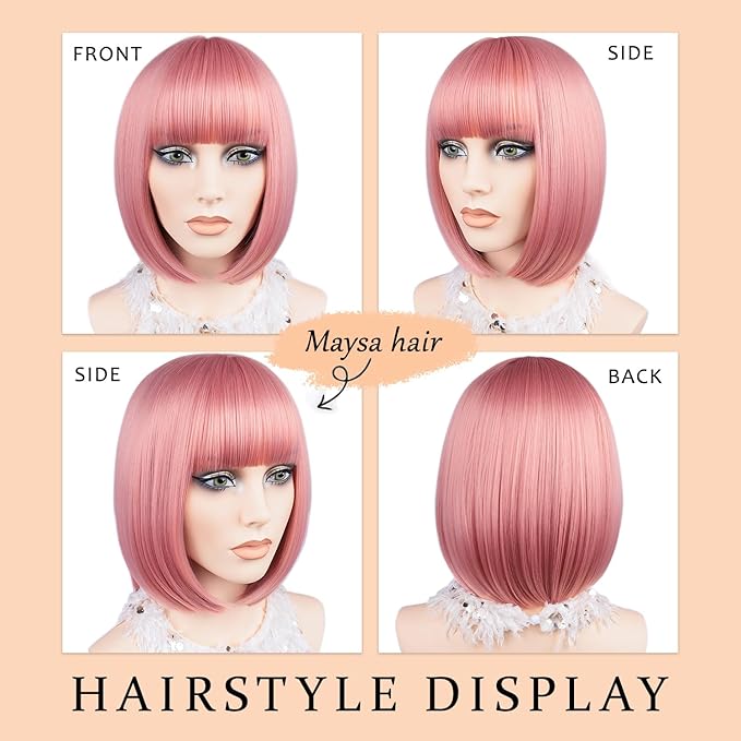 MAYSA Pink Bob Wig with Bangs for Women Short Straight Bob Wigs 12in Synthetic Cosplay Daily Party Colorful Neon Wigs # Light Pink