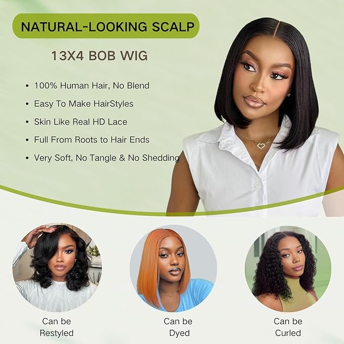 Bob Wig Human Hair 13x4 Lace Front Wigs Human Hair Pre Plucked 150% Density Glueless Bob Wigs for Black Women Short Straight Bob Wig (10 Inch