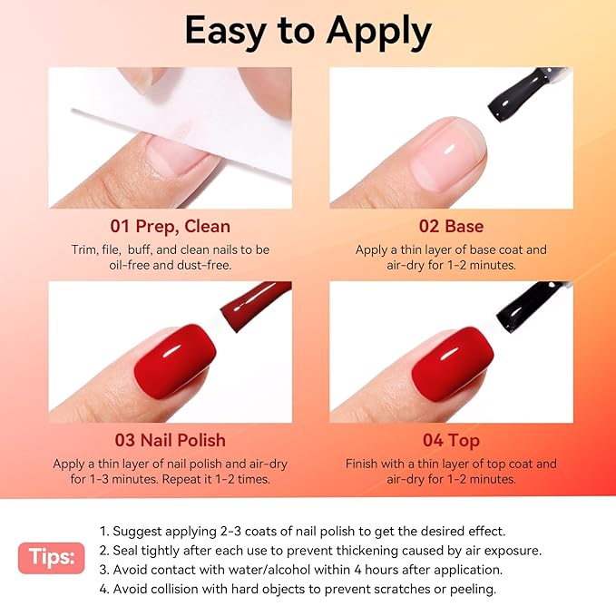 Nail Polish Set with Base & Top Coat, Rich in Castor Oil, Red Green Blue White French Nail Polishes for All Seasons, Quick Dry, Vegan,Hema-free, Non-Gel, DIY Nails Art Gift for Women
