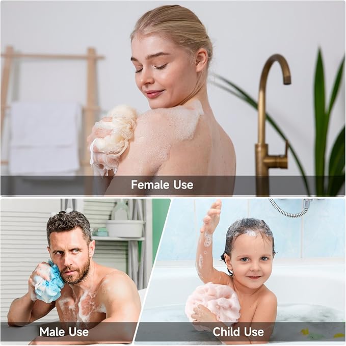 Luffa Loofah Sponge Shower Loofahs 50g Shower Bath Sponges Exfoliating Mesh Pouf Mesh Balls for Body Wash Back Scrubber Bathroom Men Women Soft Scrubber Cleaning Bathing Accessories Tool (4Colors)