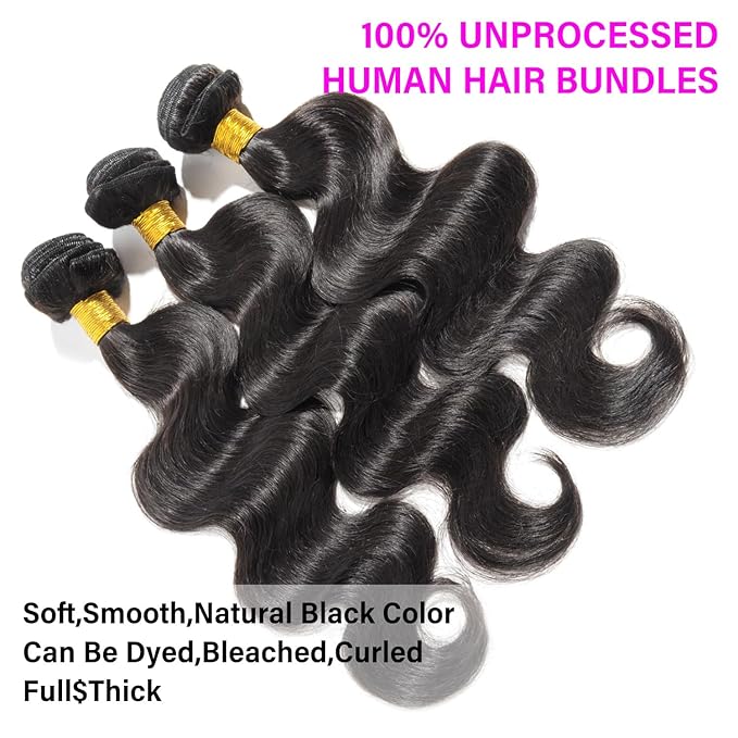 12A Human Hair Bundles 20 22 24 Inch Body Wave 3 Bundles Human Hair 100% Unprocessed Brazilian Virgin Hair Bundles Quick Weave Hair Extension Natural Black