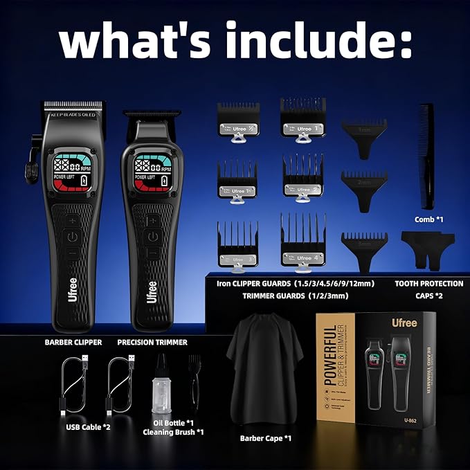 Ufree Professional Hair Clippers for Men, Barber-Grade Cordless Clipper & Split Trimmer Set with LCD Display & Long Lasting Power, Hair Cutting Tools for Home Haircuts, Fading, Beard Trimming