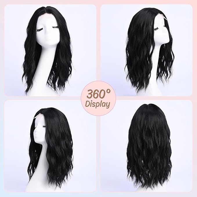 Medium Length Black Wavy Wigs for Women 18 Inch Middle Part Wavy 1B Wig Natural Looking Synthetic Heat Resistant Fiber Wig for Daily Party Halloween (18 inch)
