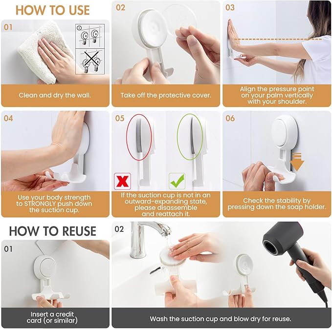 LEVERLOC Razor Holder for Shower 2 Pack, Powerful Suction Cup Shower Hooks for Towel, Loofah, Razor, Squeegee, Damage-Free Wall Hooks, Shaver Holder for Bathroom, Easy to Install and Reuse, White