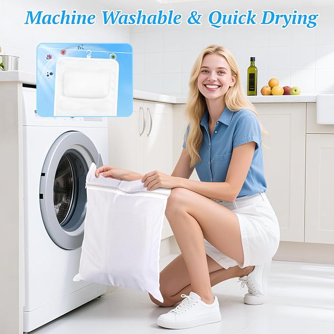 Bath Pillow for Tub with Laundry Bag & 17 Non-Slip Suction Cups, Extra Thick and Soft Bathtub Pillow for Head, Neck & Shoulder Support, 51" x 16" White