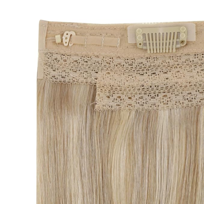 RUNATURE Wire Human Hair Extensions, Blonde Hair Extensions with Transparent Fish Line Human Hair, Straight Natural Hair for Women, Double Weft Thick Hair, 20 Inch 100g #16/22Ash Blonde Highlights