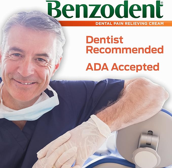 Benzodent Maximum Strength Dental and Oral Pain Relieving Cream for Dentures, Mouth Sores, and Braces, Long lasting Topical Anesthetic, 1oz
