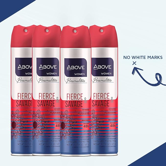 ABOVE Fierce and Savage - 48 Hours Personalities Antiperspirant Deodorant Set for Women - Notes of Pink Pepper and Jasmine - Dry Spray Protects Against Sweat and Body Odor - Alcohol Free - 4 pc