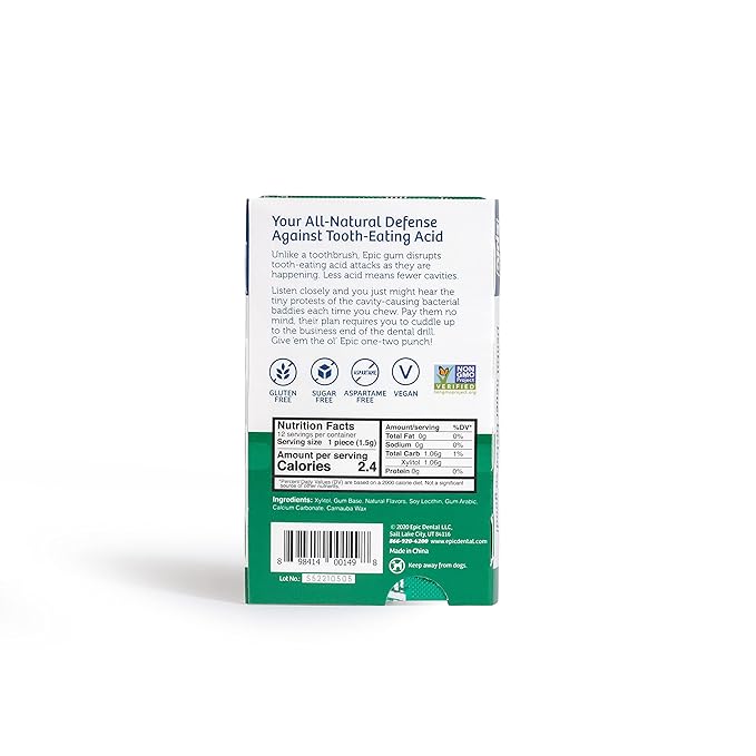 Epic 100% Xylitol Spearmint Chewing Gum - Sugar Free, Aspartame Free Dental Gum - Supports Oral Health & Fresh Breath - 12 Pieces (Pack of 12)
