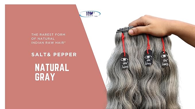 24” Wavy Salt & Pepper/Natural Gray 3 bundles. Its 100% Natural Indian Virgin Raw Hair Extensions .Natural color unprocessed and not treated with any kind of chemicals