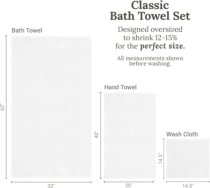 GILDEN TREE Waffle Towel Set Quick Dry Thin | 2 Bath Towels | 2 Hand Towels | 2 Washcloths, Classic Style (White)