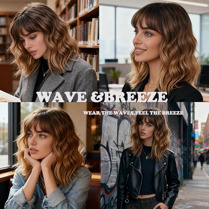 WAVE&BREEZE Brown Mixed Blonde Wigs with Bangs Bob Wavy Wigs for Women 14 Inch Shoulder Length Wig Natural Looking Synthetic Hair Replacement Wigs for Daily Party Use Cosplay Costume Halloween Wig