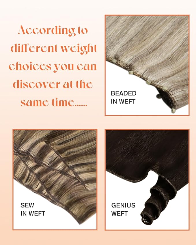 Sunny Hair Sew in Hair Extensions Real Human Hair Blonde Invisible Weft Hair Extensions Human Hair Ash Blonde Highlights Bleach Human Hair Sew in Extensions Long Straight for Women 24inch 100g