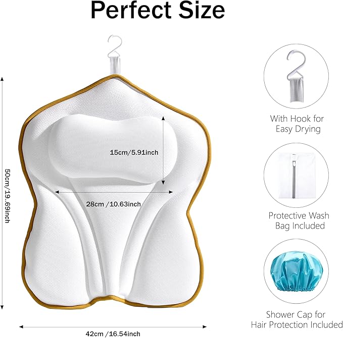 Bath Pillow for Tub - PYRRHIC Luxury Bathtub Pillow 5D Mesh with Neck & Back Support Non-Slip Suction Cups Fast Drying Soft Spa Pillow Relaxing Bath Accessories with Hook Laundry Bag White