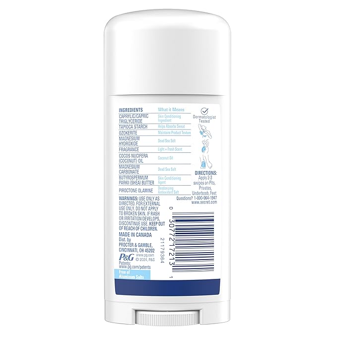 Secret Whole Body Deodorant Dry Feel Stick + Absorbs Sweat for Women, Naturally Derived Ingredients, Light & Fresh Scent, Aluminum Free Deodorant Stick, 72 HR Odor Protection, 2.4 oz