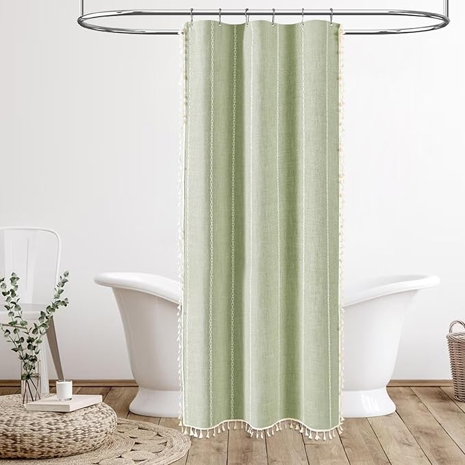 BTTN Boho Farmhouse Shower Curtain - Linen Rustic Heavy Duty Striped Fabric Shower Curtain Set, Bohemian Vintage Country Cloth Shower Curtains for Bathroom, Sage Green, 36" W x 72" L (Pack of 1)