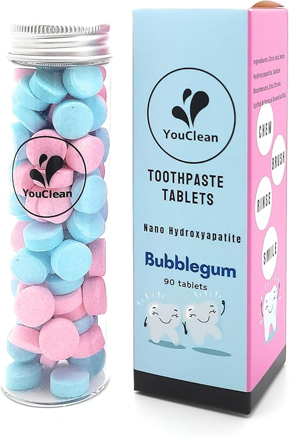 90 Toothpaste Tablets in Refill/Recycle Glass Tube - for Travel and Daily Home Office Use - Nano Hydroxyapatite, Fluoride-Free, Vegan