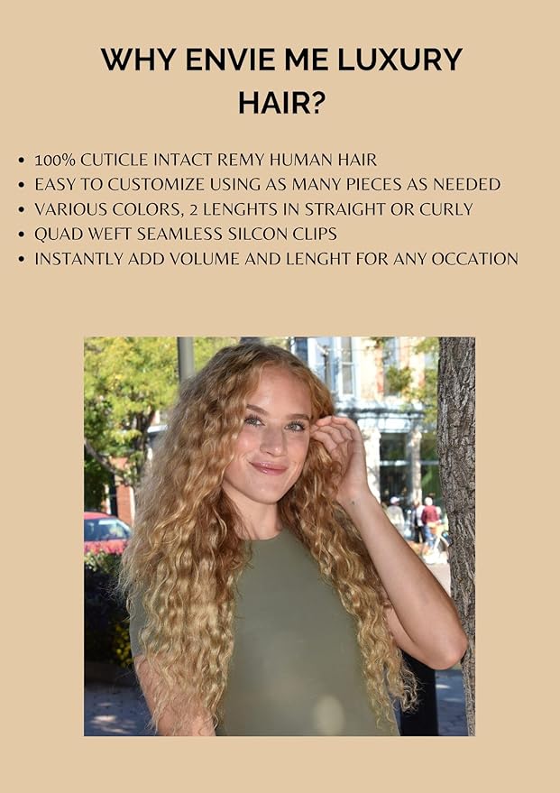 Envie Me Luxury Hair Extensions Clip In Remy Cuticle Intact Double Drawn Seamless Curly Real Human Hair #P6/1001 Brown with Light Blonde mix 20 inches 8 pieces 20 clips 120g