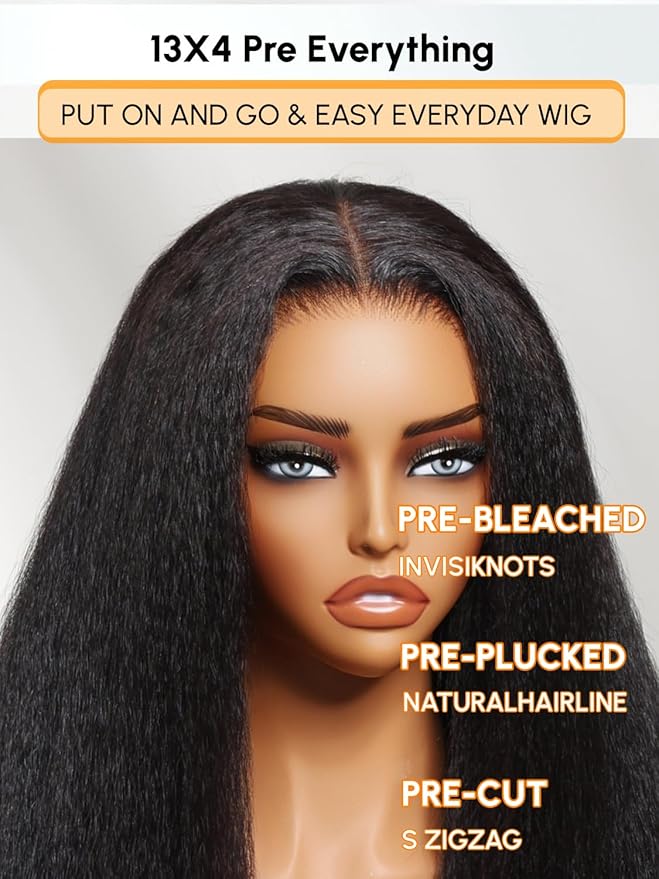Julia Hair 13x4 HD Real Scalp™ Wig Invisible Pre Everything Lace Frontal Kinky Straight Wig Glueless With Invisi Drawstring Pre Plucked Pre Cut Natural Black Wigs for Women Put On and Go 22 Inch