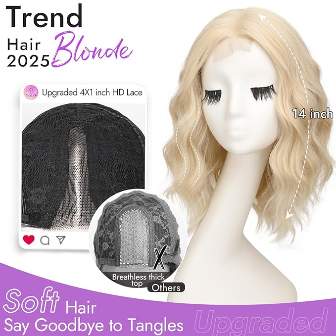 Blonde Short Wavy Wig for Women Lace Hairline Bob Style Synthetic Heat Resistant - Natural Appearance for Everyday Hairstyle 14 Inch