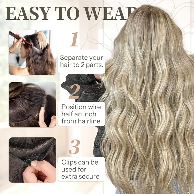 KooKaStyle Invisible Wire Hair Extensions with Transparent Headband Adjustable Size 4 Secure Clips Long Wavy Secret Wire Hairpiece 24 Inch for Women (9H60A#Ash Brown mix Platinum Blonde)