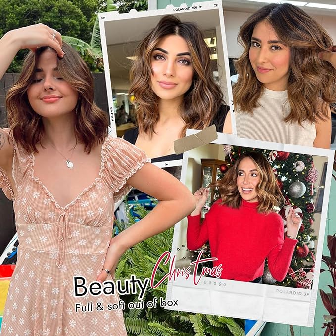 Dark Brown Mixed Chestnut Short Wavy Wig for Women Lace Hairline Bob Style Synthetic Heat Resistant - Natural Appearance for Everyday Hairstyle 14 Inch