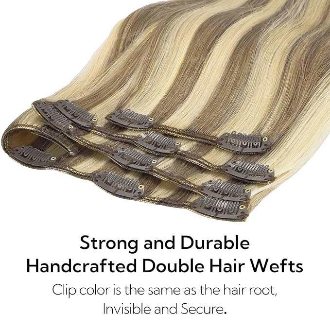 HOTBANANA Clip in Hair Extensions Real Human Hair, 130g 7pcs 16 inch Ash Brown Highlighted Golden Blonde Clip in Human Hair Extensions Straight Remy Hair Extensions Full Head