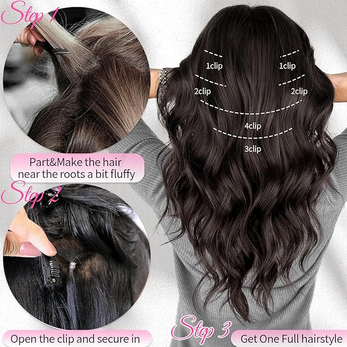 KooKaStyle Short Hair Extensions 6PCS 14 Inch Wavy Curly Hairpieces Synthetic Soft Lace Weft Clip in Hair Extensions-Black for Women