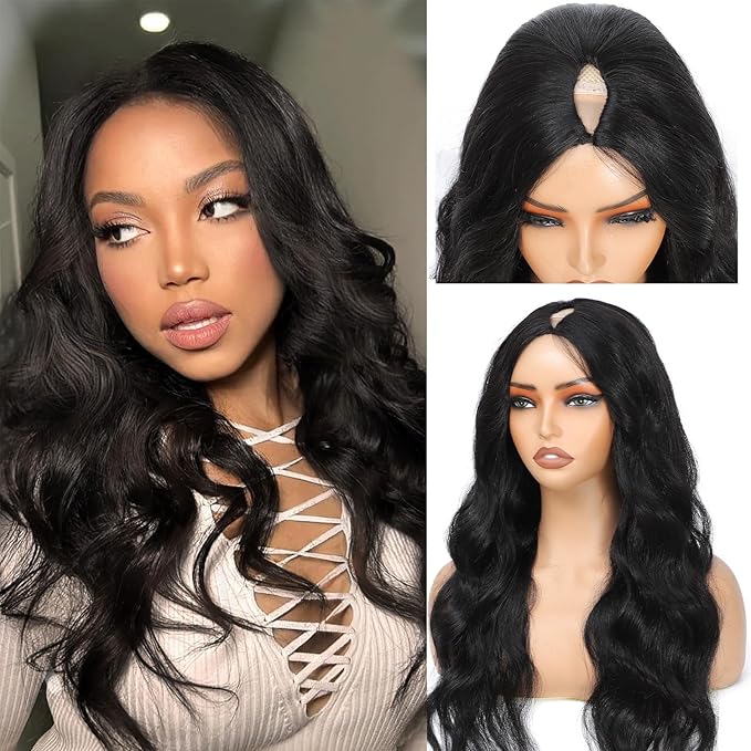 V Part Wig Human Hair Body Wave Upgrade U Part Human Hair Wig With Clips Glueless Wigs Human Hair Beginner Friendly 28 Inch V Shape Clip In Half Wigs for Women No Leave Out 180% Density