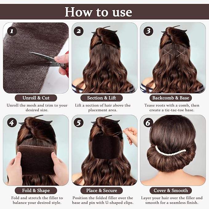 Hair Bumps for Volume Insert, Hair Sponge for Updo - Hair Mesh Filling Padding for Women - Bobby Pins - U Shape Hair Pin, Comb and Plastic Clips, Brown