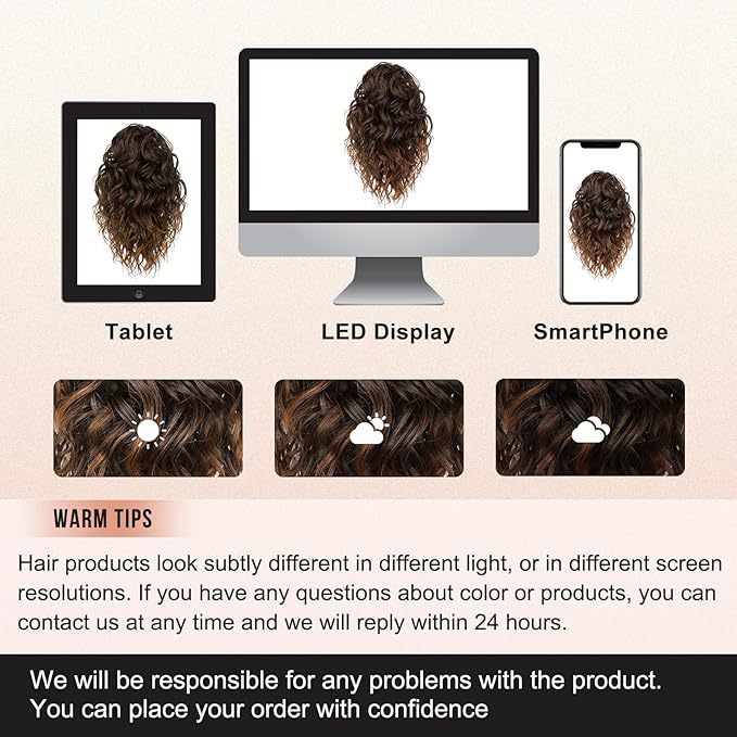 Flufymooz Ponytail Extension, 12" Short Claw Ponytail Extension Wavy Curly Jaw Clip in Pony tails Hair Extension Natural Synthetic Hairpiece for Women (Almond brown)