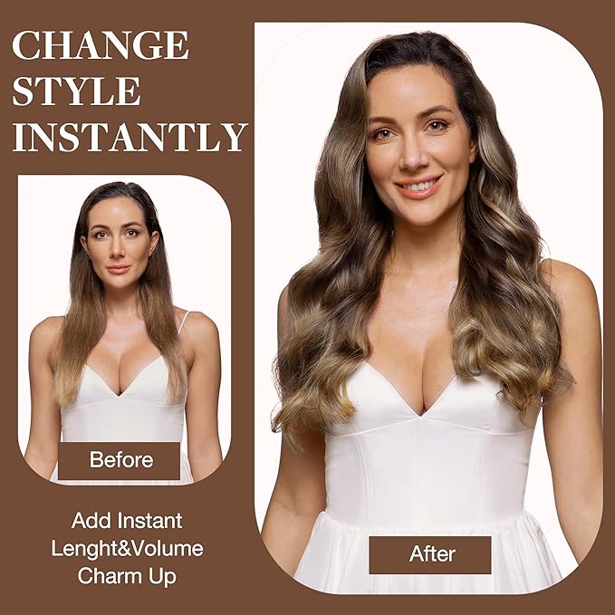 GOO GOO Clip in Hair Extensions Real Human Hair, Remy Human Hair Extensions Clip ins for Women, Natural Human Hair, 14inch 120g 7Pcs, 4/27/4 Balayage Chocolate Brown to Caramel Blonde