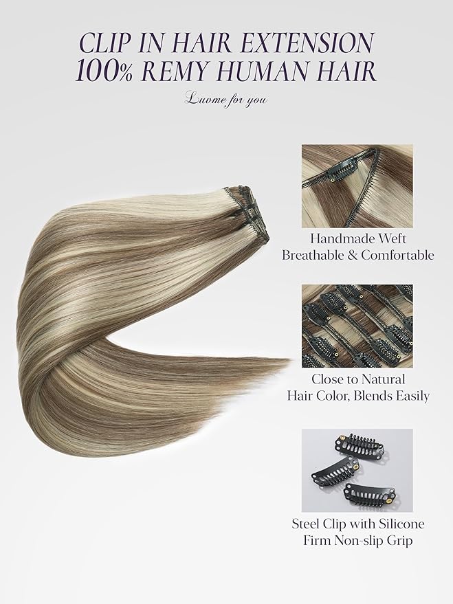LUVME Handmade Weft Clip in Hair Extensions Human Hair 18 Inch 120g 7pcs Warm Ash Balayage Straight Soft & Natural Blend, Comfortable Invisible Clip-ins