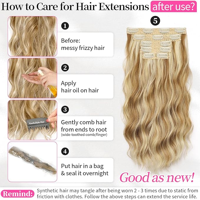 KooKaStyle Short Hair Extensions 6PCS 14 Inch Wavy Curly Hairpieces Synthetic Soft Lace Weft Clip in Hair Extensions-Honey Blonde to Bleach Blonde for Women