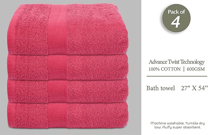 Softolle Luxury Bath Towels Set of 4 (27” x 54”) | Towels for Bathroom | Super Soft | Highly Absorbent Towels for Home, Spa, Gym (Raspberry)