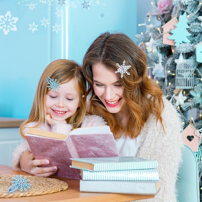 JUNEBRUSHS 12-Piece Snowflake Hair Clip Set - Blue & White Christmas Hair Accessories for Women - Festive Snowflake Hairpins - Holiday & Party Gifts