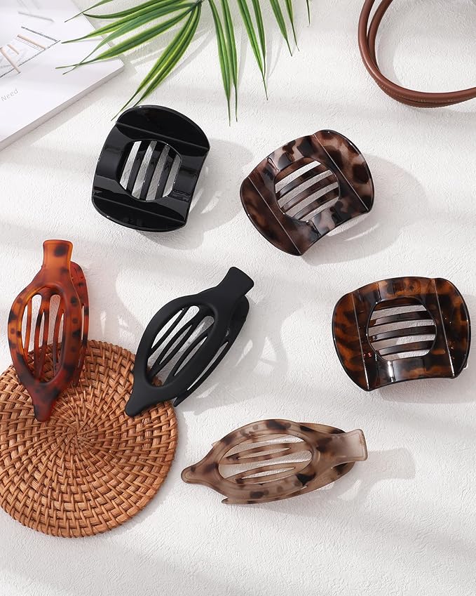 6 PCS French Flat Hair Clips for Women 2 Styles Large Matte Flat Claw Clips Strong Hold No-Slip Duckbill Hair Barrettes for Lying Down, Driving,Yoga(Leopard)