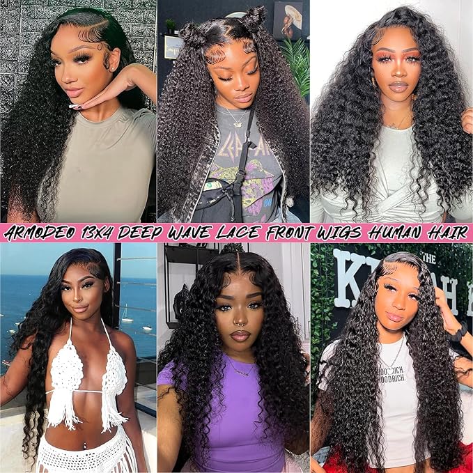 250 Density Deep Wave Lace Front Wigs Human Hair Curly Wig Wet and Wavy Lace Front Wigs Pre Plucked Frontal Wigs 26 Inch 100% Real Human Hair No Synthetic No Tangle No Shedding Triple Lifespan 3X